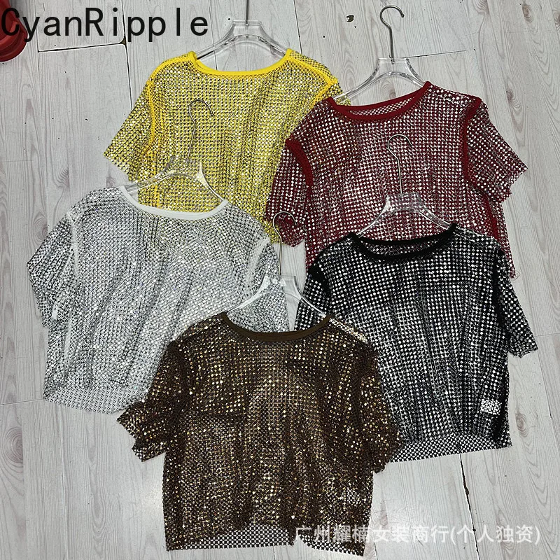 Blingbling Full Diamonds Cool Perspective Mesh Loose Short Sleeve T-shirt All-match Round Neck Crop Pullover Top Women Smock