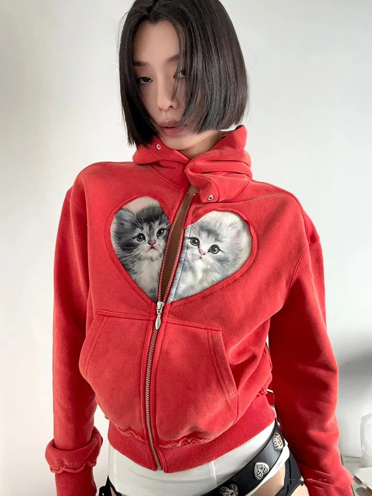 

Y2K retro old love kitten splicing hoodie temperament hundred with short Woman sweatshirts 2024 winter new