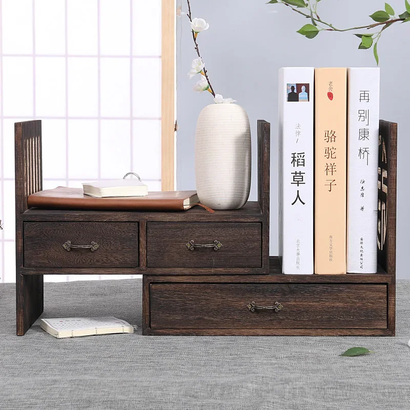 Retro Solid Wood Carved Design Desktop Bookcases Combination Design Adjustable Space Desktop Storage Frame With Drawers