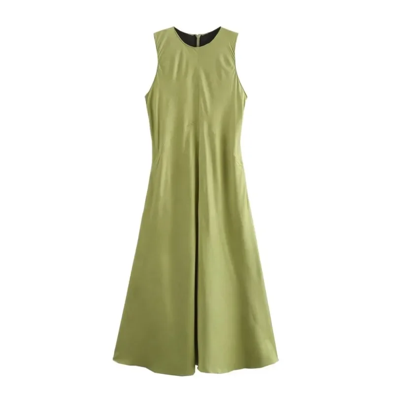 

Sleeveless silk satin texture dress for Women Summer solid color Exquisite elegant Slim Sexy style O-Neck Mid-Calf Dresses