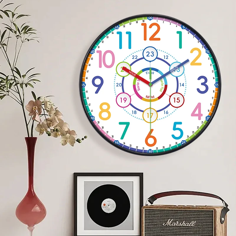 12/24 Hour Wall Clock Educational Color Coded Time Learning Analog Quartz Teaching Clock for Classroom Kid Bedroom 8/10/12inch