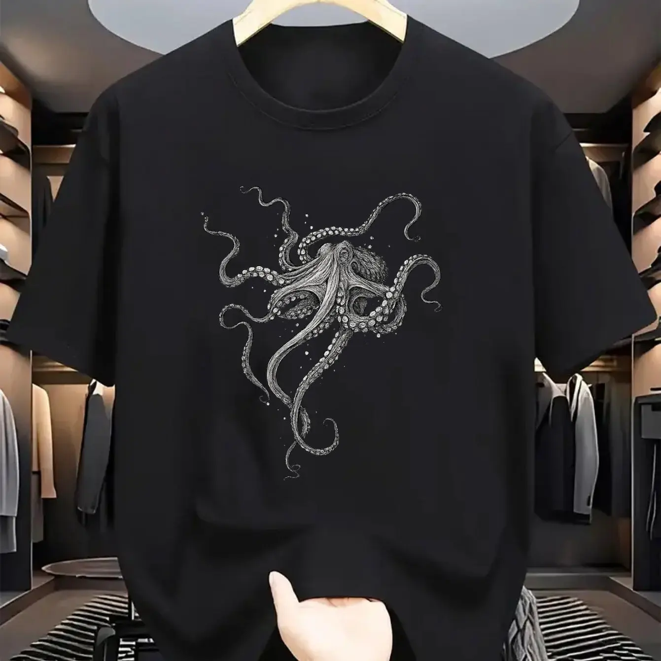 Men Vintage Octopus Print T-Shirt - Hand-Drawn Style Breathable Comfortable Casual Short Sleeve Round Neck Tee for Beach