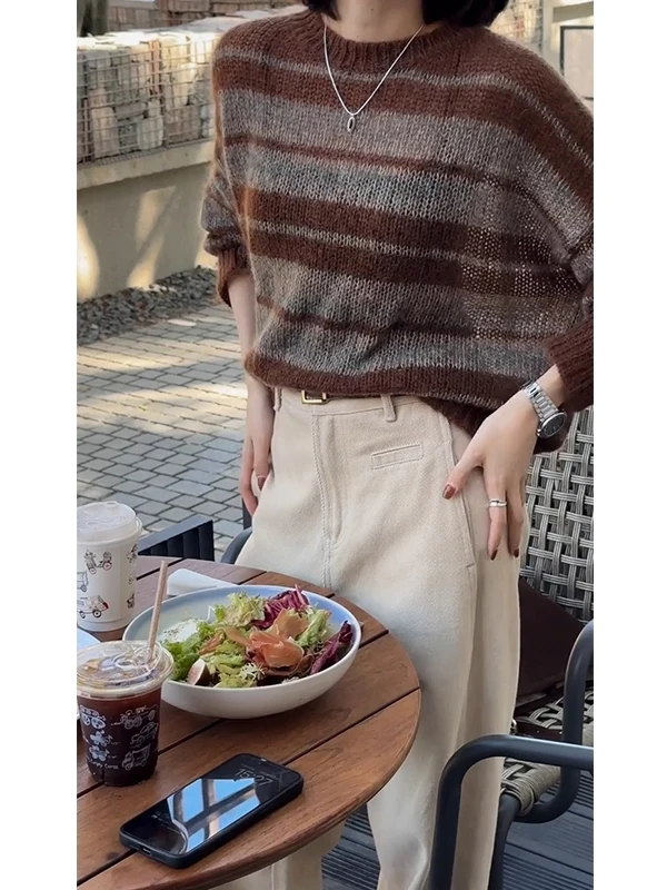Early Autumn Loose Women's Camere Sweater Striped Color Blo Knitted Top Casual Sle Long Sve round Ne Regular Thi...