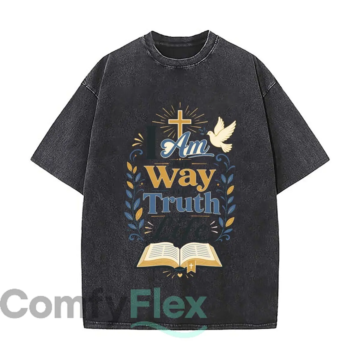 T-shirt vintage délavé à manches amples avec motif biblique « Voie, Vérité, Vie de Jésus » pour le quotidien