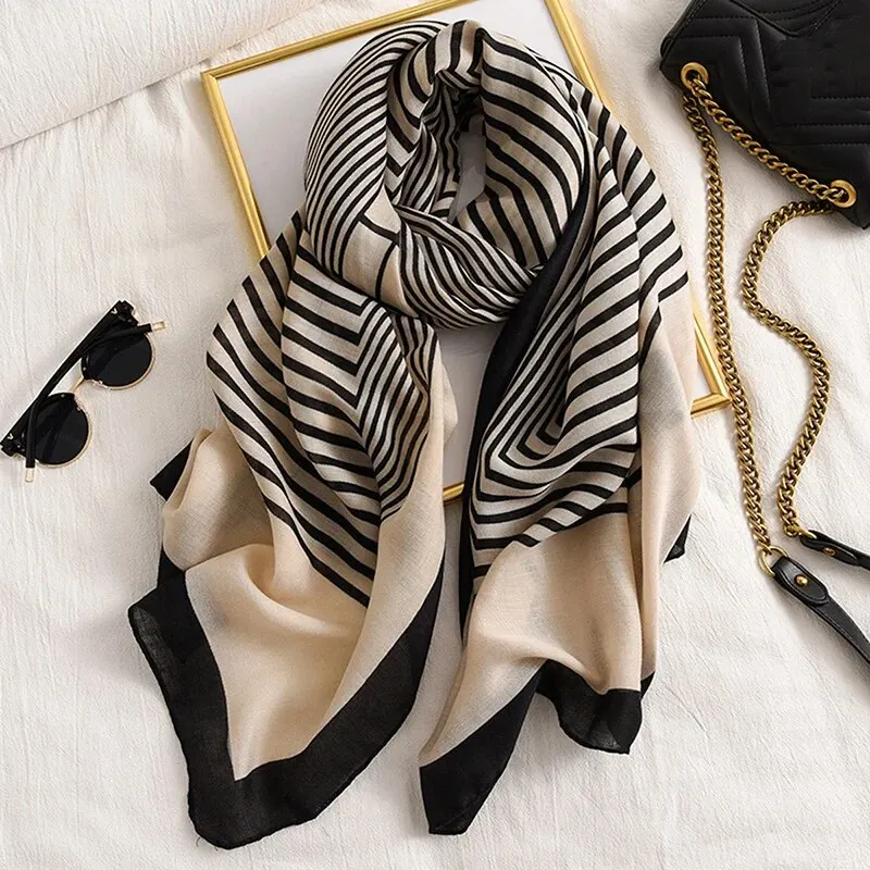 Women Cotton Viscose Striped Scarf Geometric Printed Muffler Spring Summer Beach Towel Air Conditioning Long Shawl 182*83cm