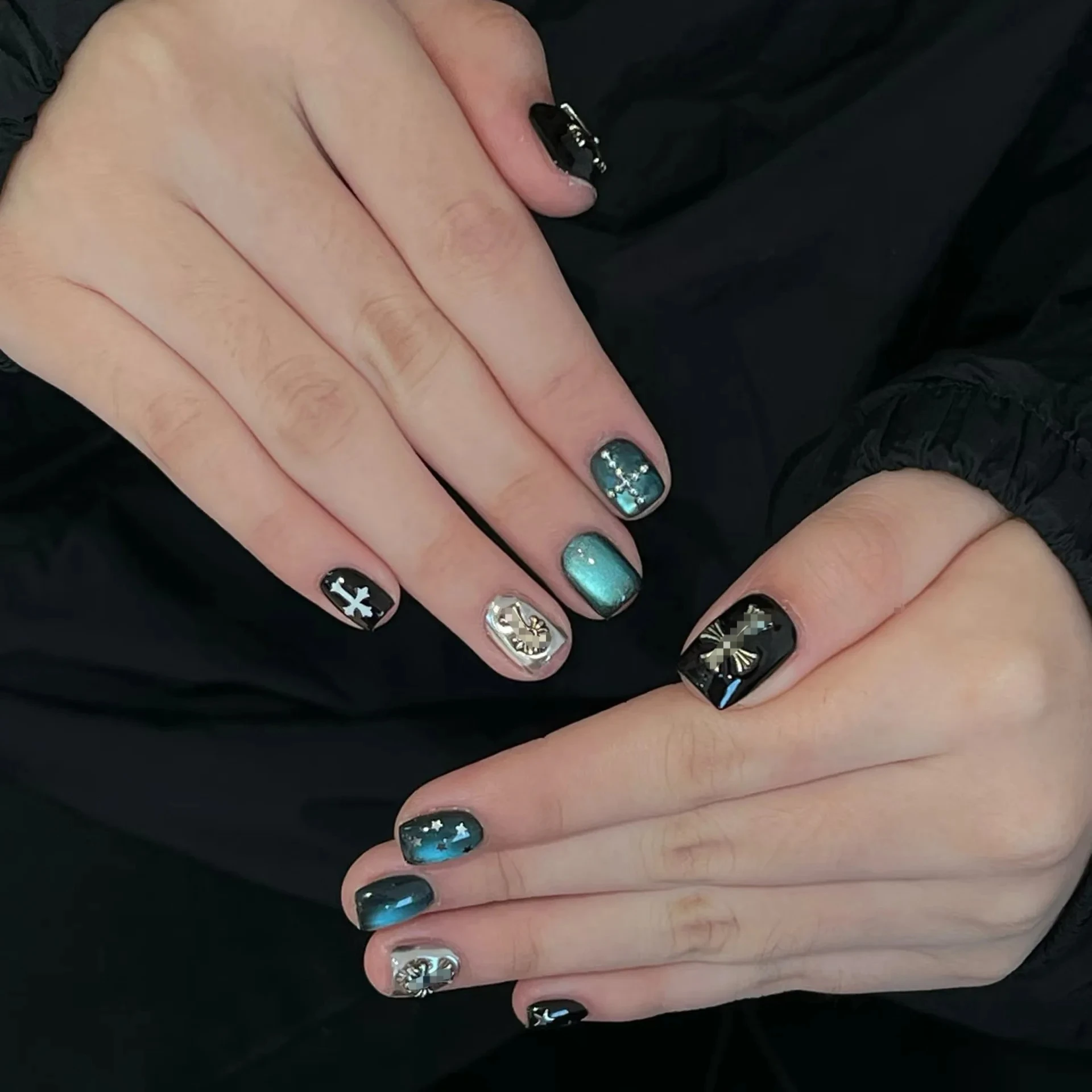 

10PCS Dark Cat Eye Handmade Short Square Press on Nails Gothic Style Silver Cross Star Design Fake Nails for Women Wearable Nail