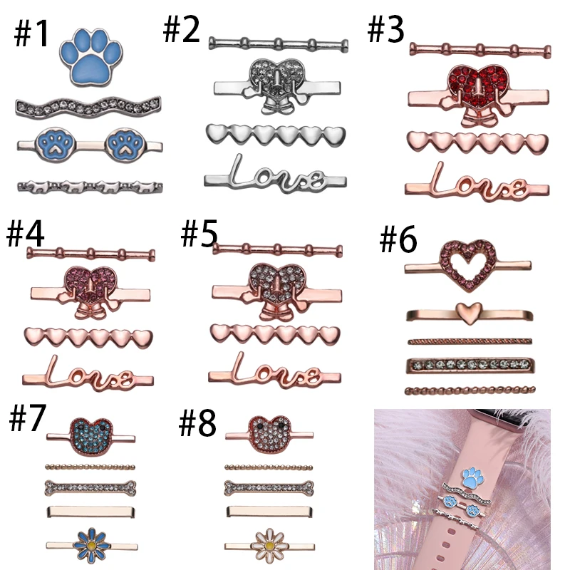 Watchband Charms Sets Cute Cartoon Stud Charm for Iwatch Strap Heart Cat Dog Paw Pendent Jewelry Accessories Sets for Watch Band