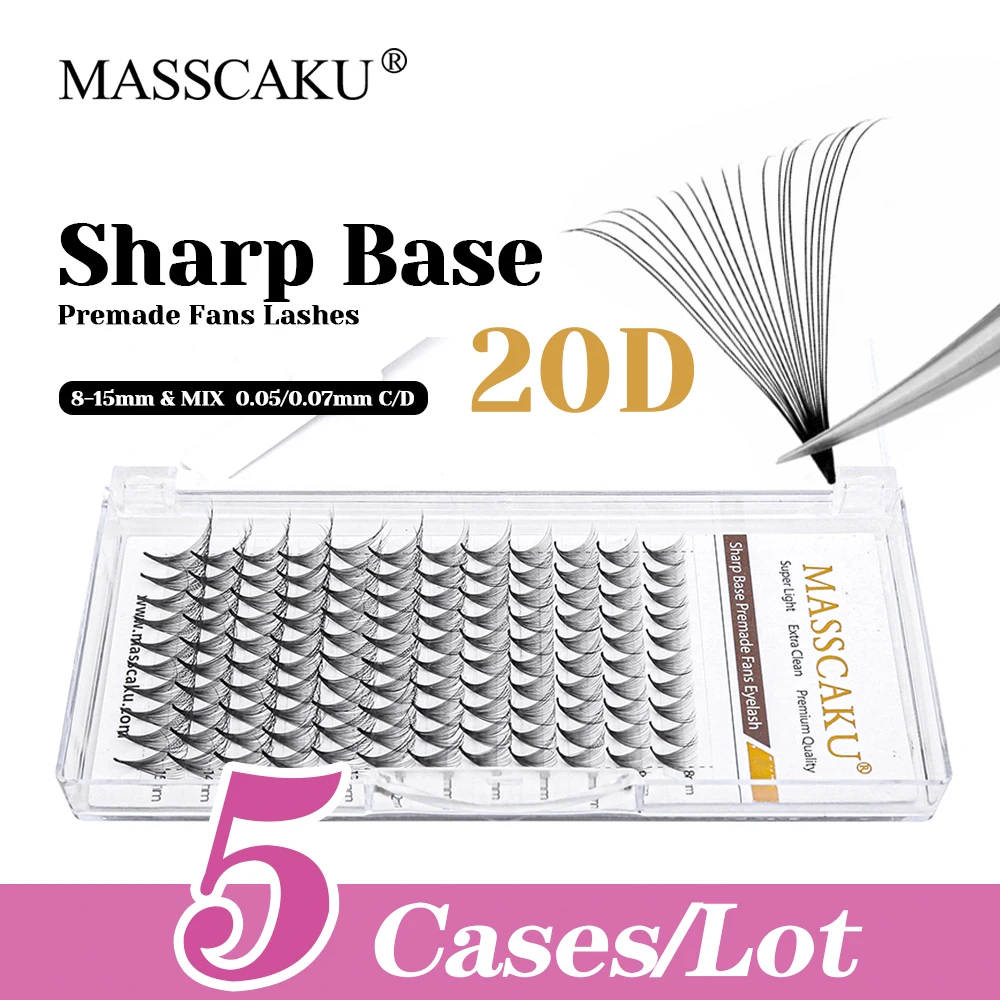 

5cases/lot Wholesale MASSCAKU Handmade Sharp Base Premade Fans Eyelash 0.05/0.07mm Thickness Thin Root Pointy Base Lashes Trays