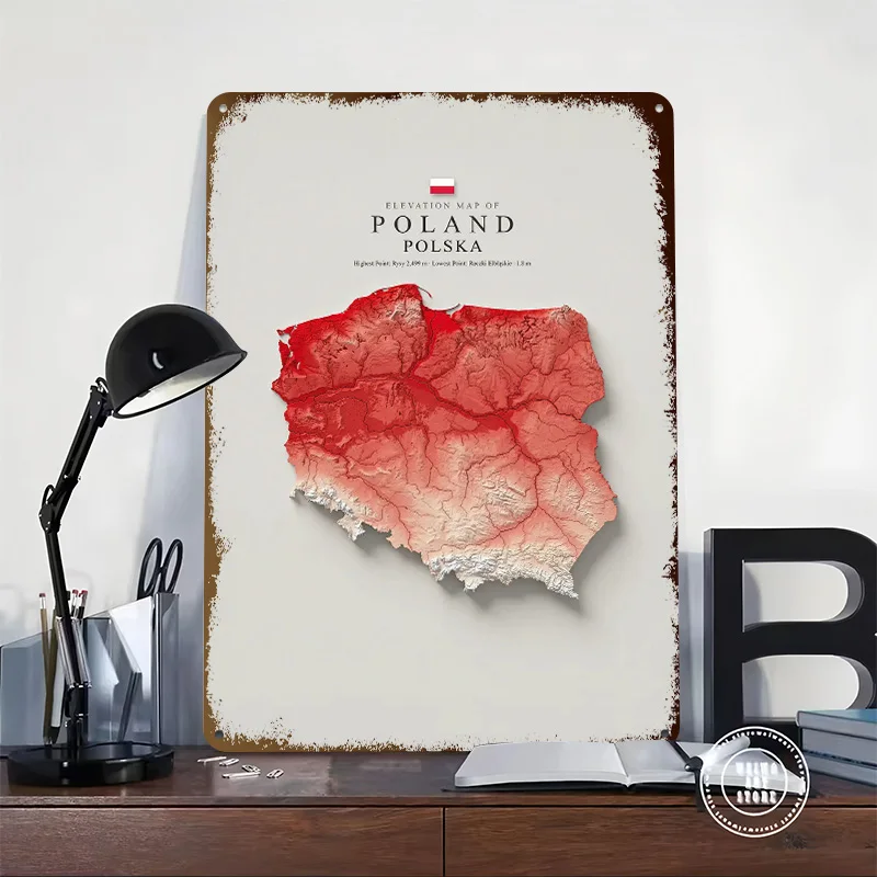 Elevation Map of Poland 3D Printed Texture Poster Personalized Wall Art Retro Metal Tin Signs for Home Decor Room Accessories