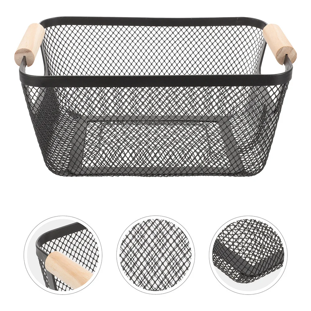 

2Pcs Metal Mesh Basket Nordic Wood Handle Multifunction Kitchen Organizer Storage Bin for Bathroom Pantry Entryway