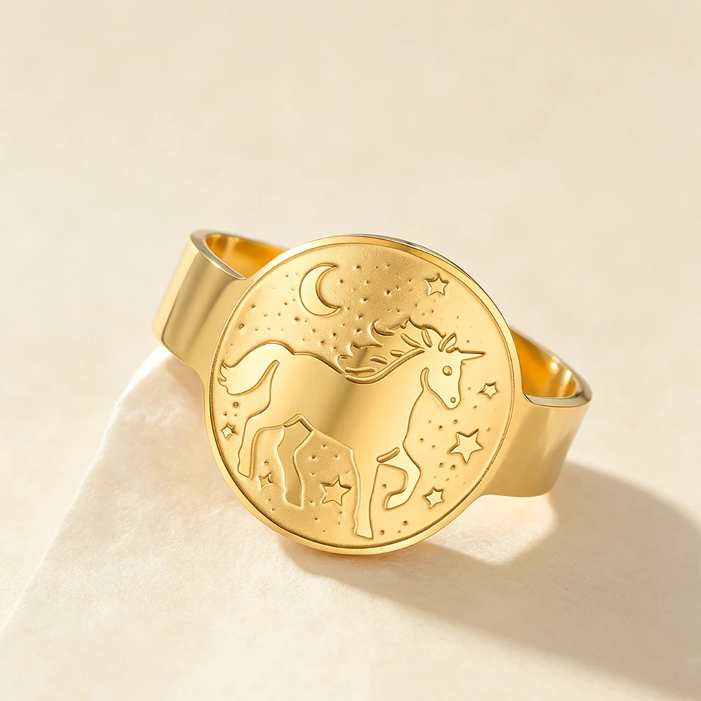 1PC Ring Mythical Unicorn Star Moon Signet Ring Adjustable Open Finger Rings Stainless Steel Fashion Jewelry Waterproof