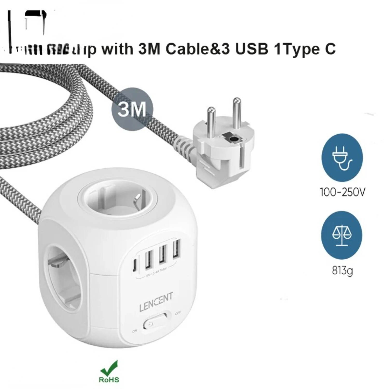 EU Plug Power Strip Cube with 4 AC Outlets 3 USB Port 1 Type C 3M Braided Cable Multi Socketr with