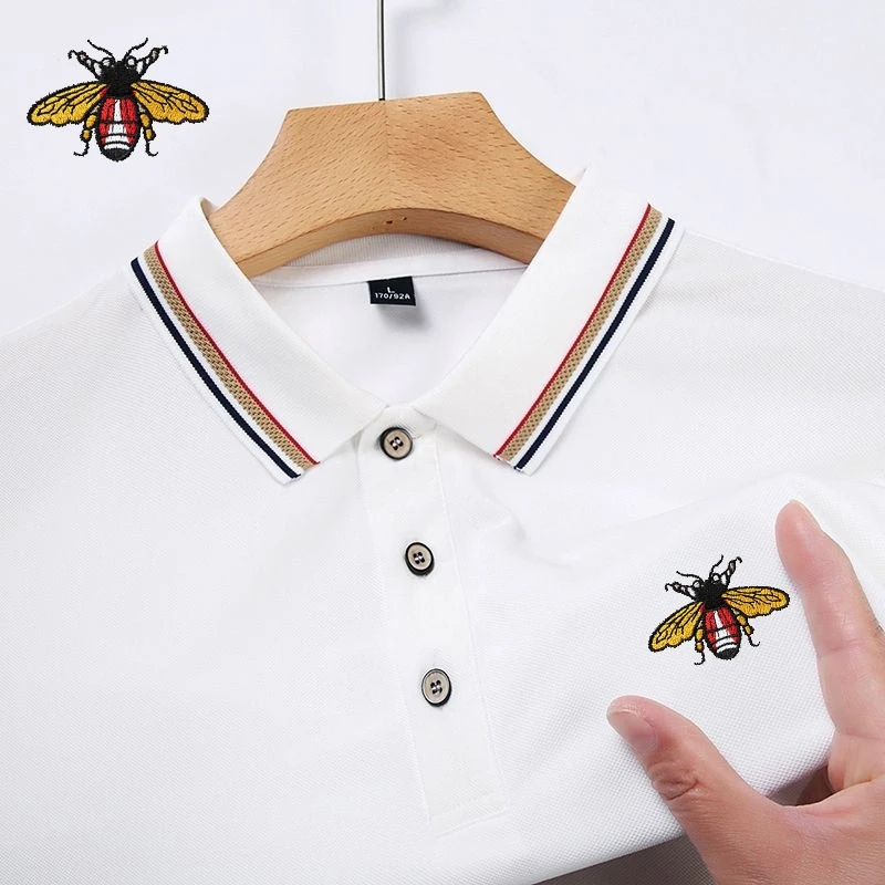 Men's High-quality Embroidered Bee Cotton Short Sleeved Polo Shirt, Summer Luxurious, Fashionable, Casual, Breathable and Cool