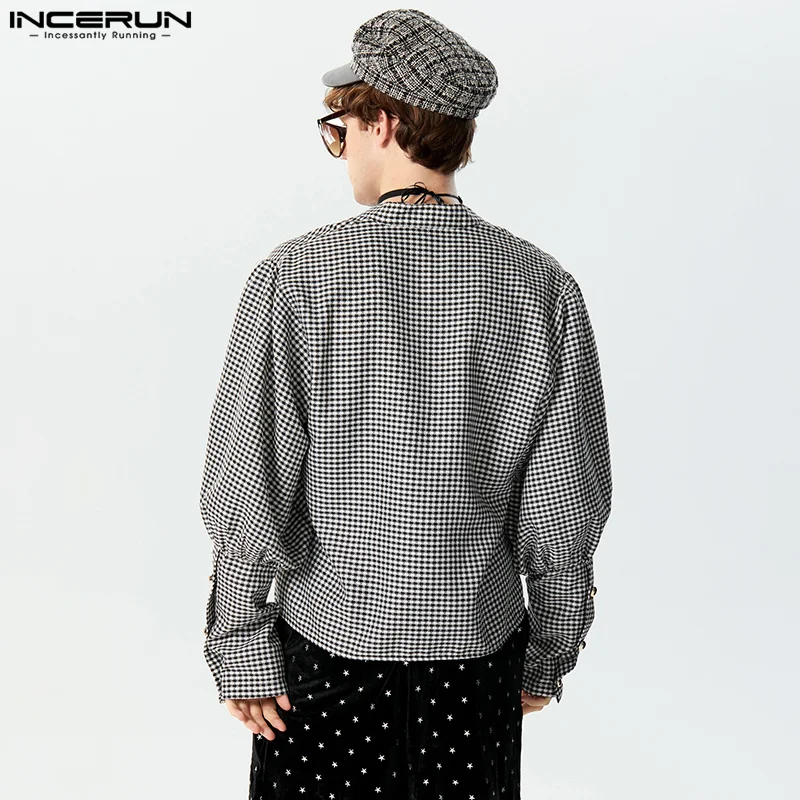 2024 Men\'s Plaid Shirt V Neck Lantern Long Sleeve Casual Men Clothing Streetwear Fashion Leisure Unisex Crop Tops S-5XL INCERUN