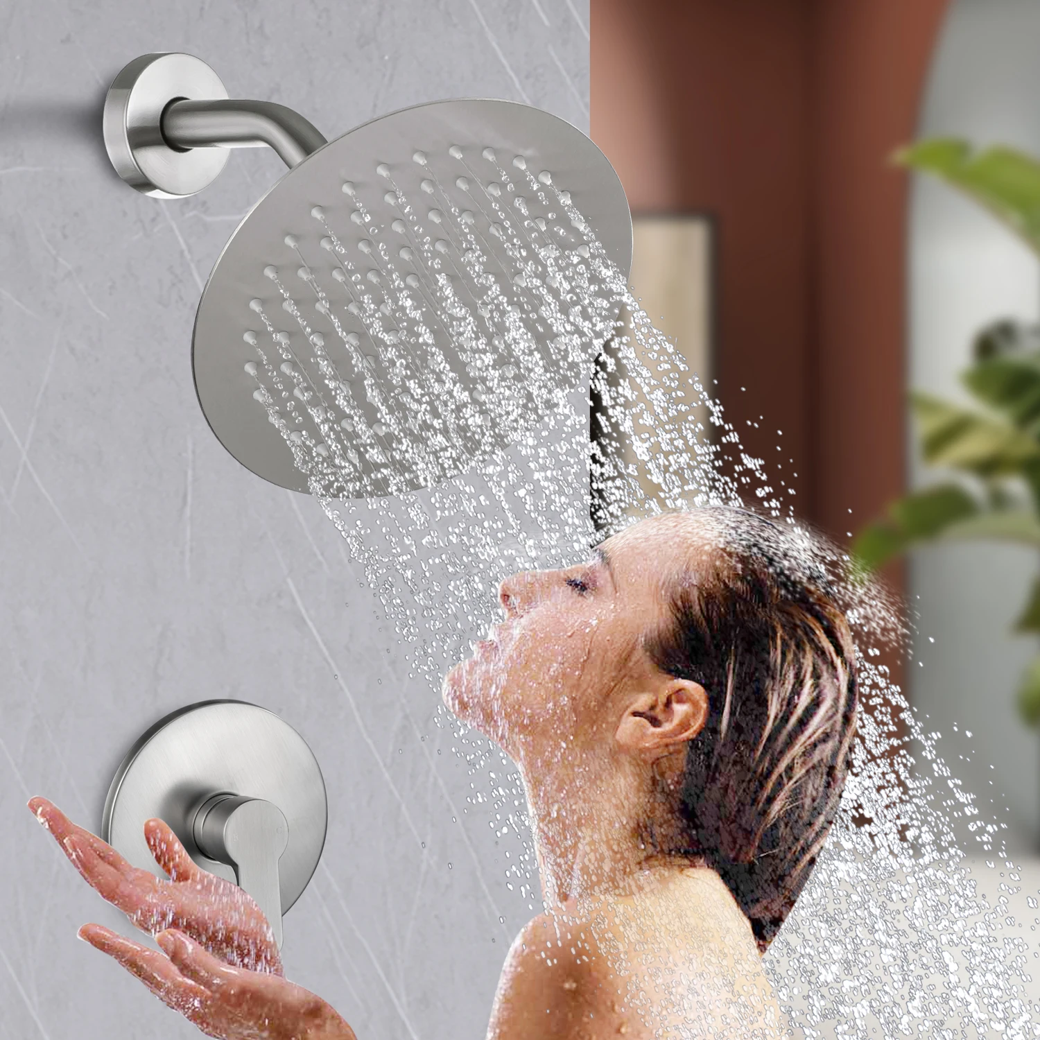 Shower System 8 Inch Rain Shower Head Wall Mounted Shower Trim Kit Bathroom Rain Shower Faucet Fixture Combo Set Brushed Nickel