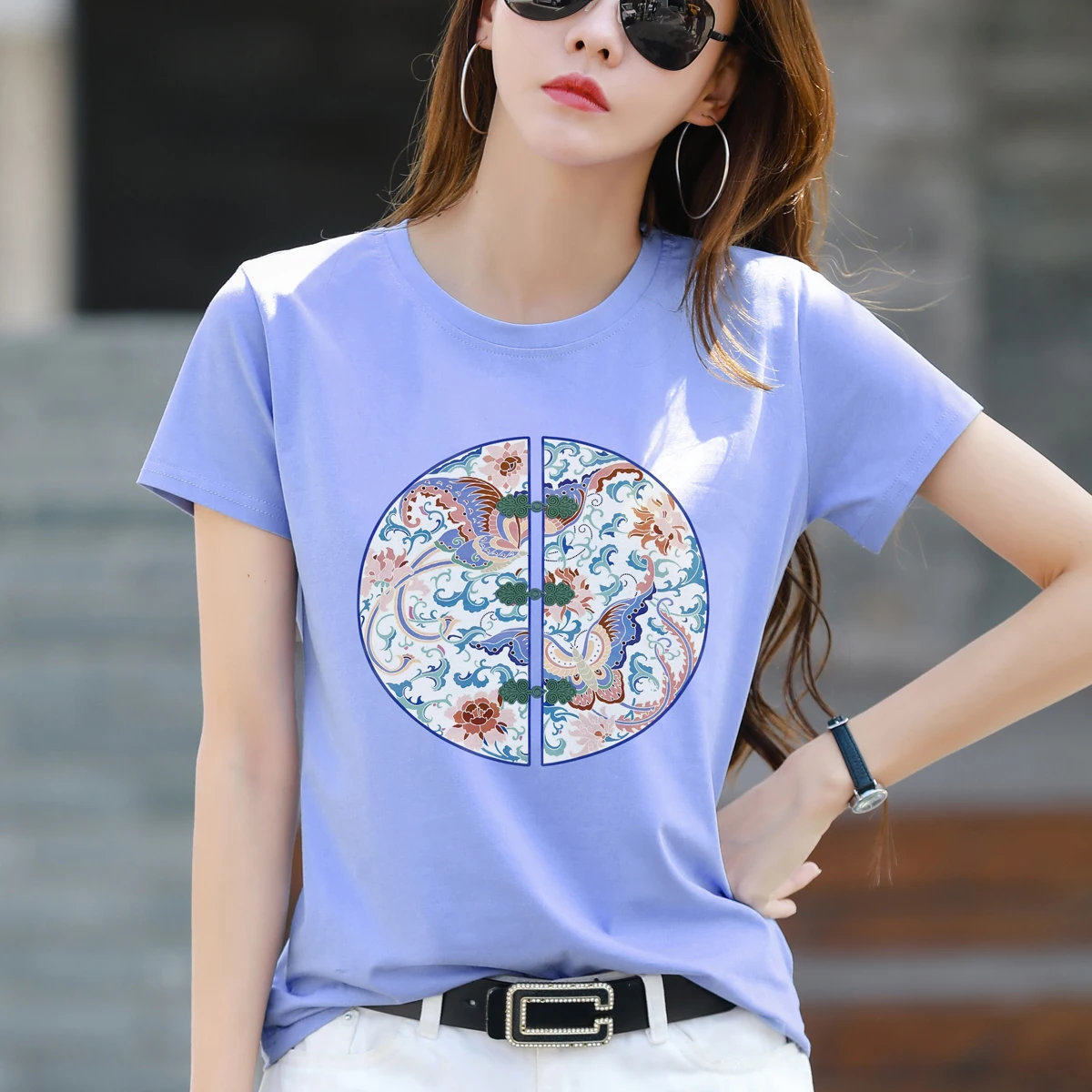 Blusa feminina de manga curta em o pescoço, camisa estampada em estilo chinês, tops, verão, nova, 2022, J902