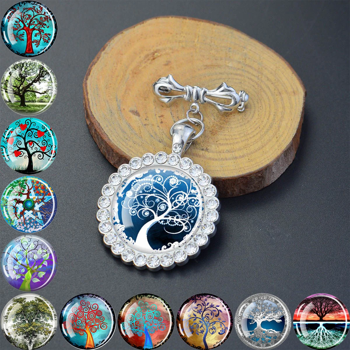 1PC Round glass brooch with Tree of Life pattern and synthetic zircon trim, suitable for holiday gatherings and birthday gifts