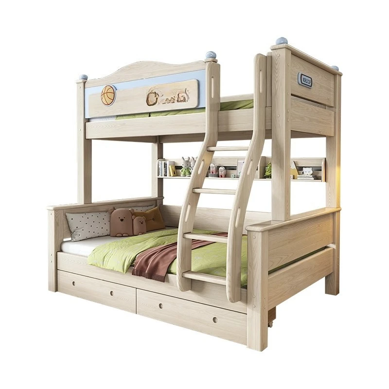Ash wood solid wood upper and lower beds Two-layer high and low beds Mother and child beds Storage bunk