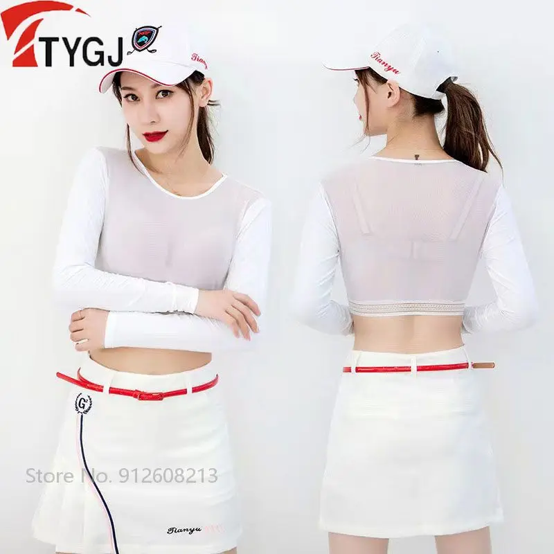 Ttygj Female Sunscreen Bottoming Golf Tops Ladies Quick-Dry Golf Shirts Women Long-Sleeved Cropped T Shirt Round Neck Slim Wears