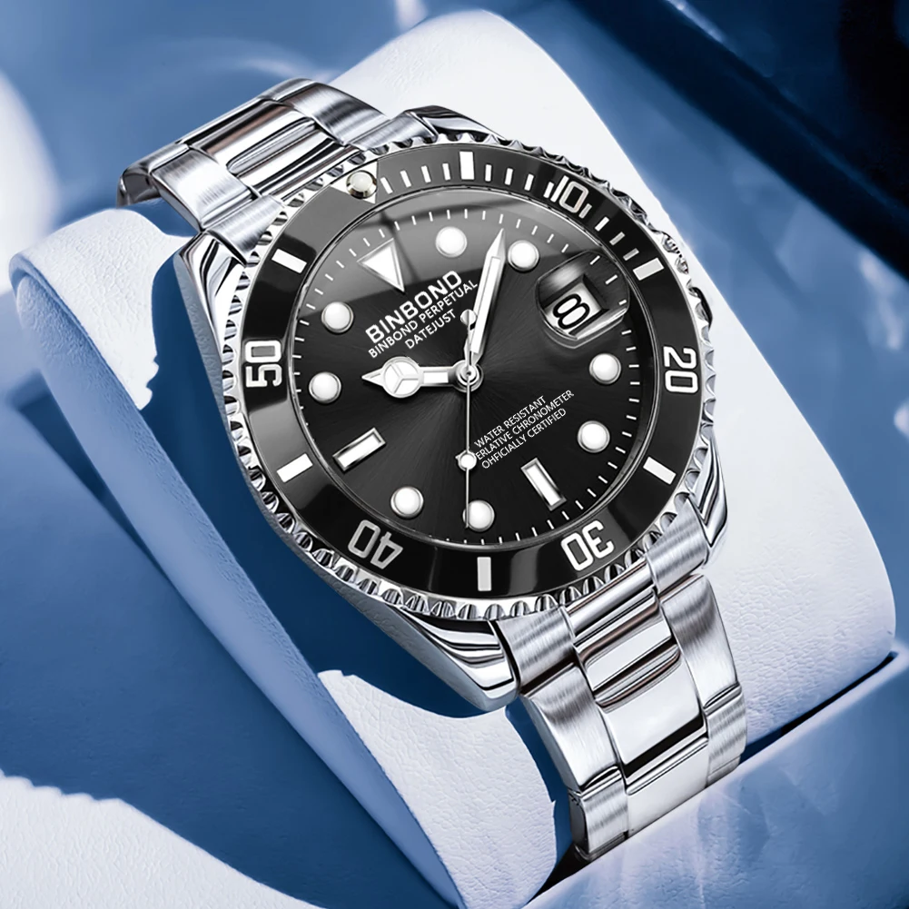 BINBOND Men's Watches 920G Trend Fashion Original Quartz Watch for Man Stainless Steel Waterproof Luminous Date Rotating Bezel