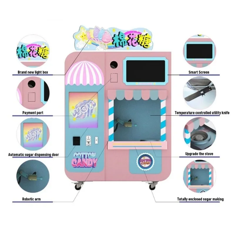 Customizes Touch Screen Fully Automatic Candy Floss Vending Machine Support QR Pay Electric Cotton Candy Making Machine