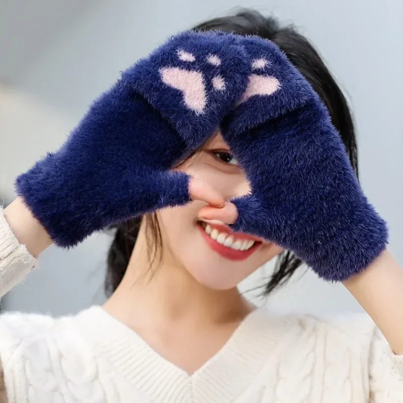 Cat Claw Paw Plush Mittens Thicken Women Warm Cat Gloves Cotton Girls Soft Plush Short Fingerless Half Finger Winter Gloves