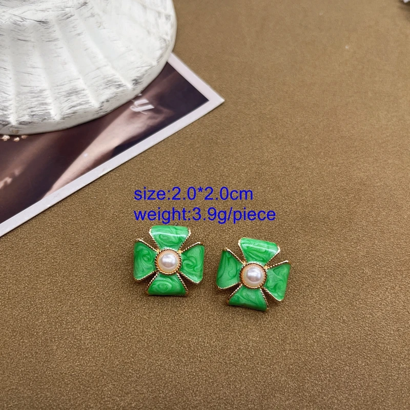Green Enamel Rectangle Round Flower Drip Oil Studs For Women Girls Jewelry Gift Party Earrings