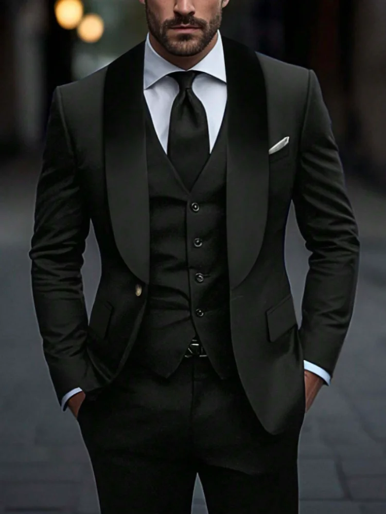 

Elegant Black Men's 2 Piece Suits Luxury One Button Shawl Lapel Slim Fit Blazer High Quality Wedding Jacket Pants Full Sets