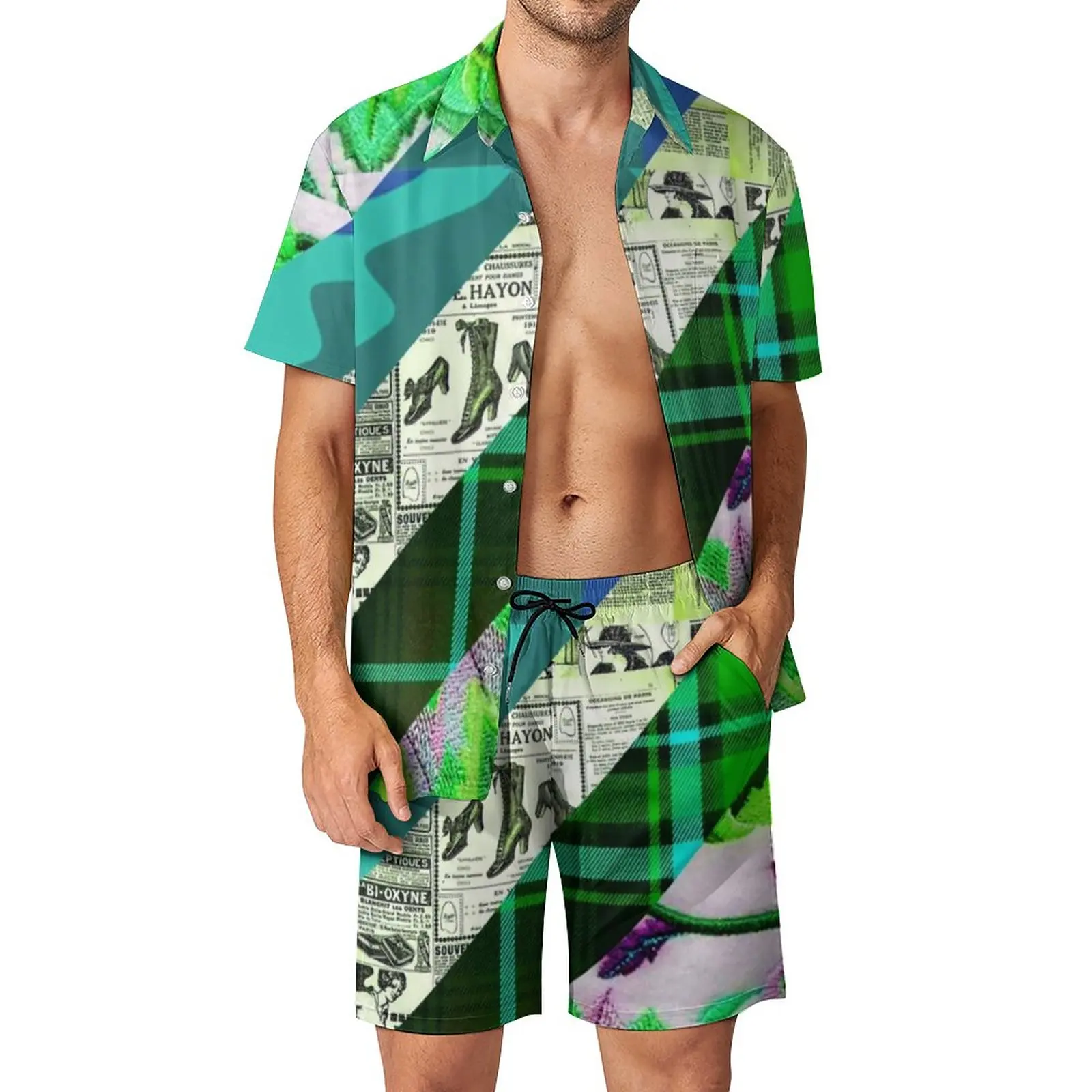 

Комплект пляжный мужской из 2 предметов, забавная газета, Повседневная рубашка с цветочным принтом и полосками, шорты на заказ, гавайский костюм, 2XL 3XL, на лето