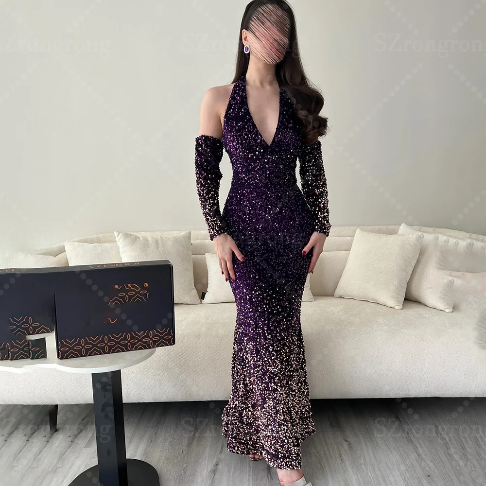 ชุดราตรีสีม่วงแบบสั่งตัด ประดับเลื่อมวิบวับ ทรงเข้ารูปยาวกรอมพื้น แขน 3/4 เหมาะสำหรับงานแต่งงานหรืองานพรอม สไตล์ซาอุดิอาระเบีย