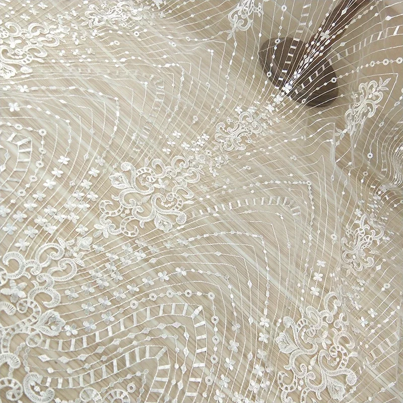 Off White Mesh Tulle Embroidery Lace Fabric DIY Sewing Fabric Material Bridal Wedding Dress Lace Fabric