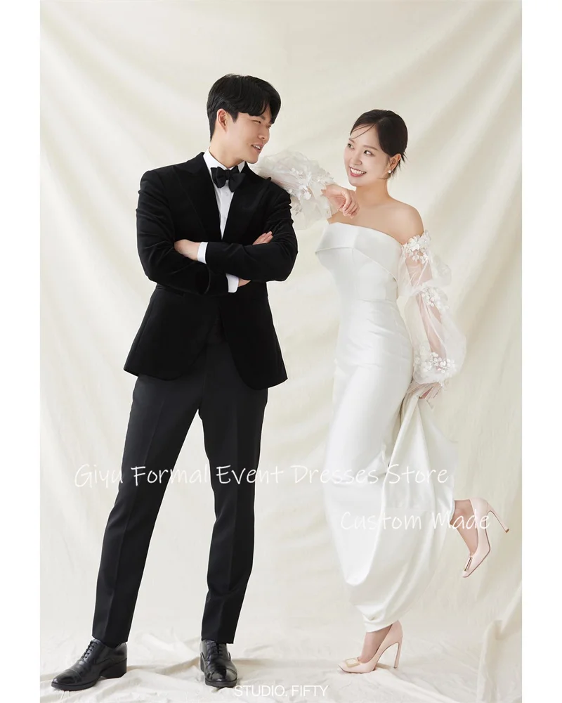 Giyu Simple Mermaid Wedding Dresses Puff Long Sleeves Strapless Ankle Length Bride Dress Photoshoot Mariage Custom Made