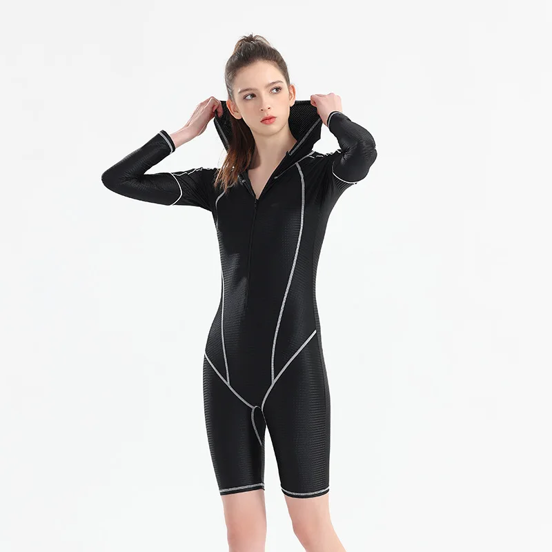 

Women One Piece WaterProof Push Up Beach Front Zipper Surfing SwimWear Female Quick-Dry Push Up Bathing SwimSuit With Hooded