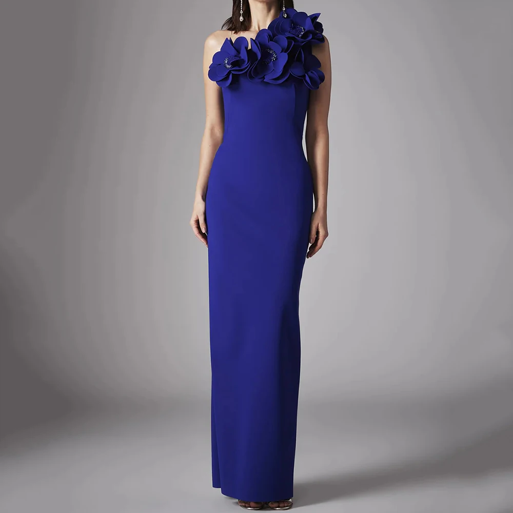 

Customized Blue Straight Evening Dresses Ankle-length One-shoulder Sleeveless Prom Gown Simple Fashion Flowers Party Dresses