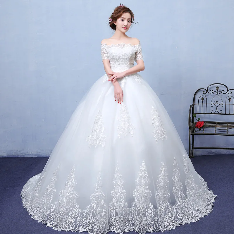 

Sale Elegant Beautiful Lace Embroidery Long Train Appliques Wedding Dress Vestidos De Noiva Robe De Mariage Bridal Gown 7