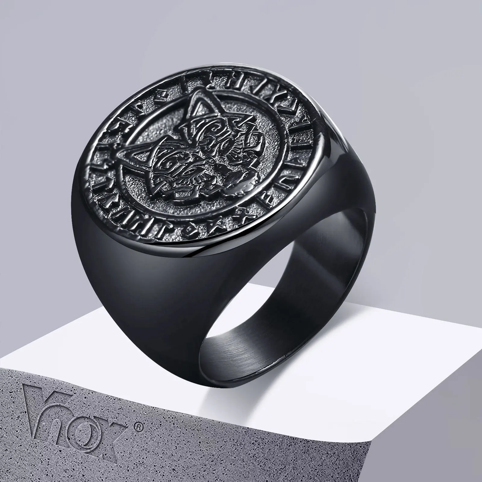 Vnox 22mm Signet Ring for Men, Black Round Top Nordic Viking Wolf Stamp Ring, Vegvisir and Norse Valknut Bold Heavy Punk Ring