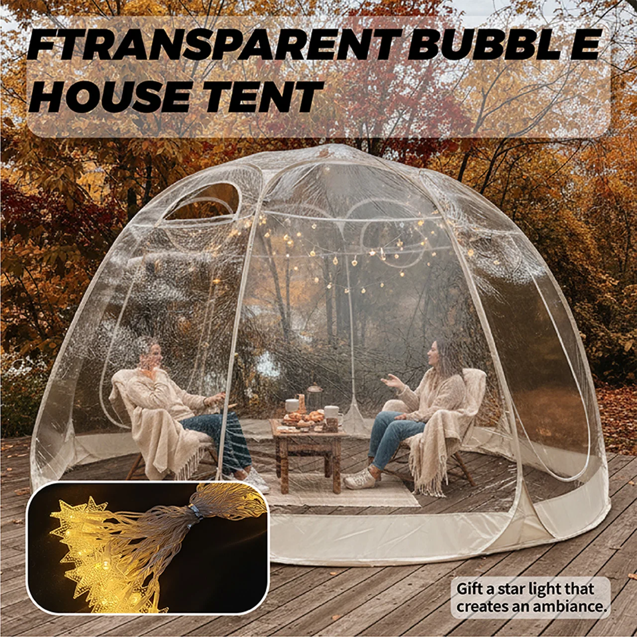 

Quick-Set Bubble Tent PVC Windproof And Cold-Resistant Camping Pod with String Lights for Nighttime Ambiance