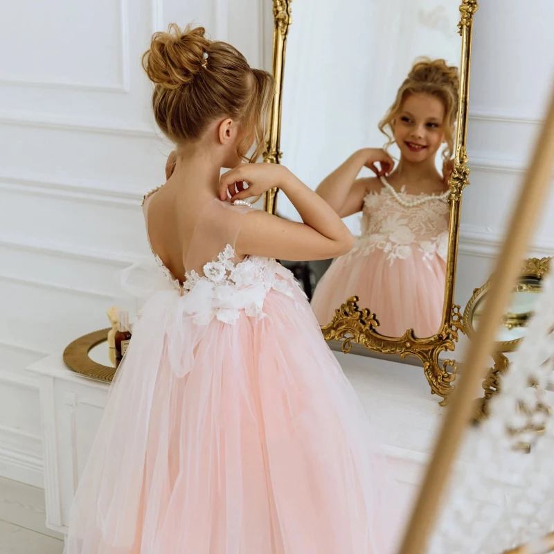 Vestido rosa claro para niña, apliques blancos de tul con lazo, sin mangas para boda, fiesta de cumpleaños, primera comunión