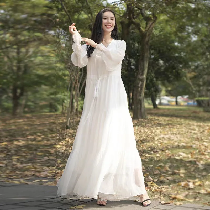 2026 Spring/Summer Elegant Women Chiffon Long Dress Long Sleeve Seaside Vacation Beach Dress Solid Color Elegant Ladies Vestidos