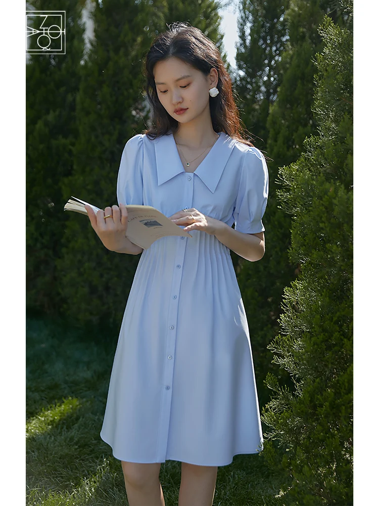 ZIQIAO Summer 2022 New Senior Blue Temperament Shirt Dress Women Waist A-line Solid Color Office Lady Commute Female Skirt