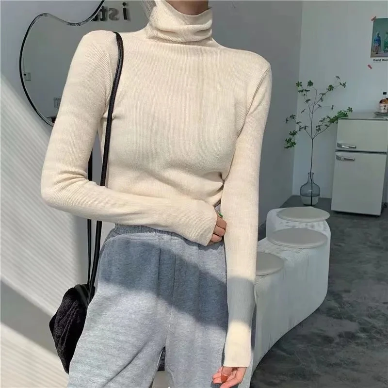 2022 New Women Pullover Turtleneck Sweater Autumn Long Sleeve Slim Elastic Korean Simple Basic Cheap Jumper Solid Color Top