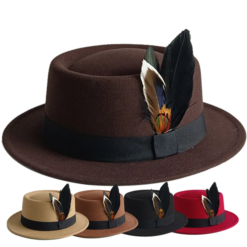 2025 Roll Brim Black Pork Pie Hat For Men Ivory White Fedoras Deep Camel Jazz Cap Church Panama Gangsters Caps Gentlemen