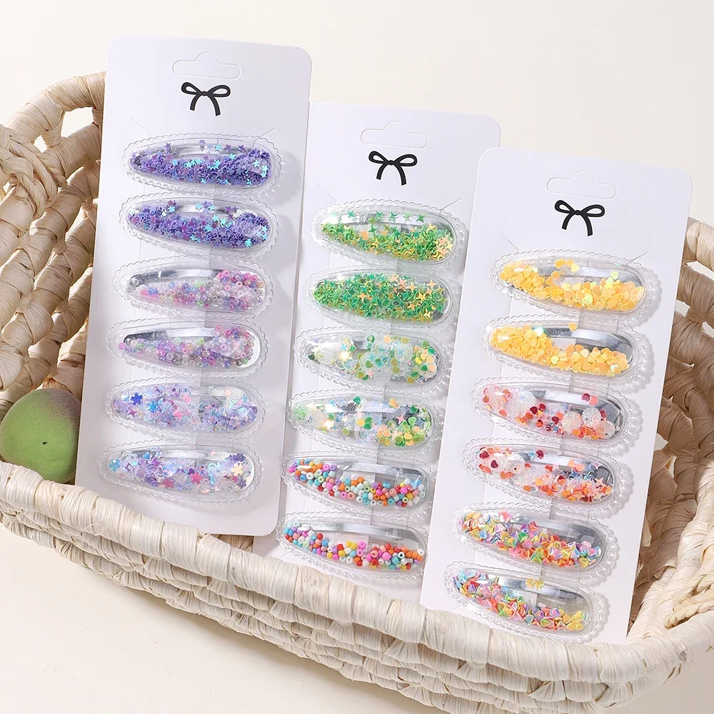 6 unids/set de pasadores de pelo BB con lentejuelas para niñas, Clips de dibujos animados transparentes que fluyen, flequillo para niños, agarre