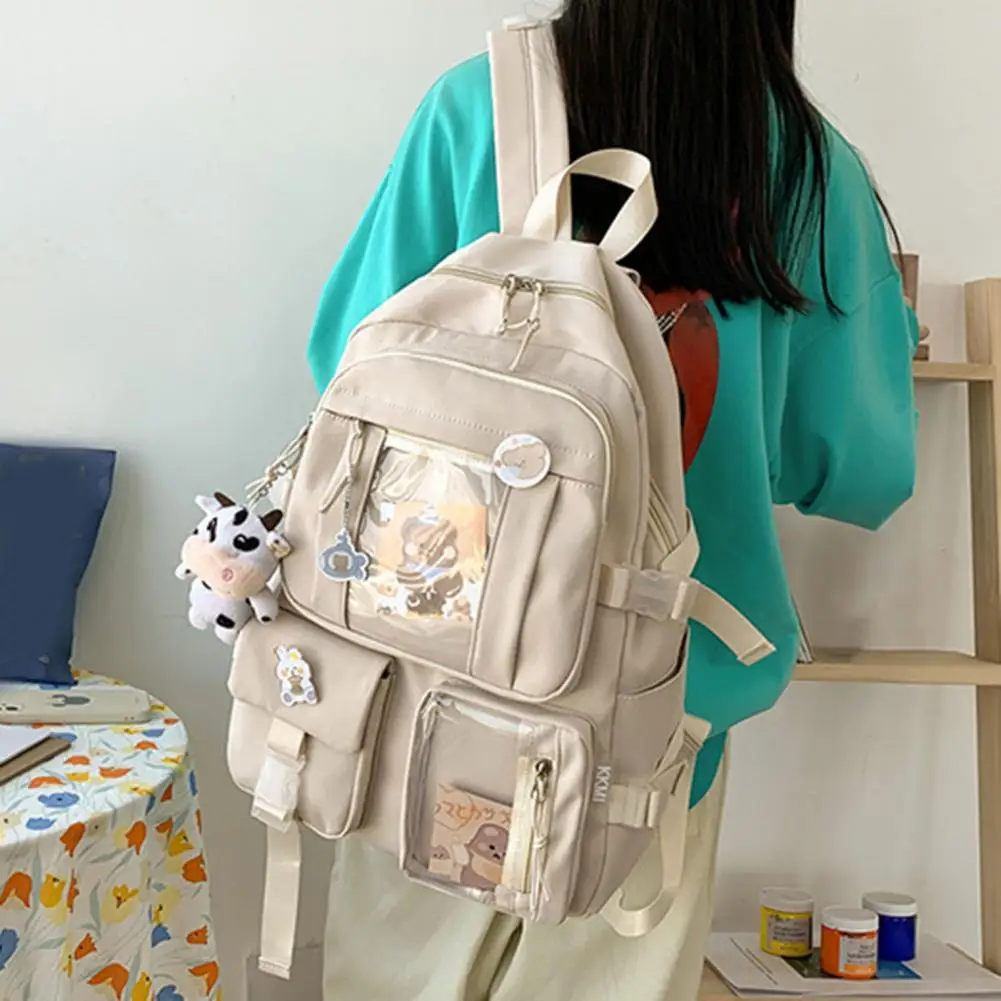 Tas sekolah gaya Korea, tas buku kuliah tali bahu dapat disesuaikan ransel Laptop Multi saku portabel