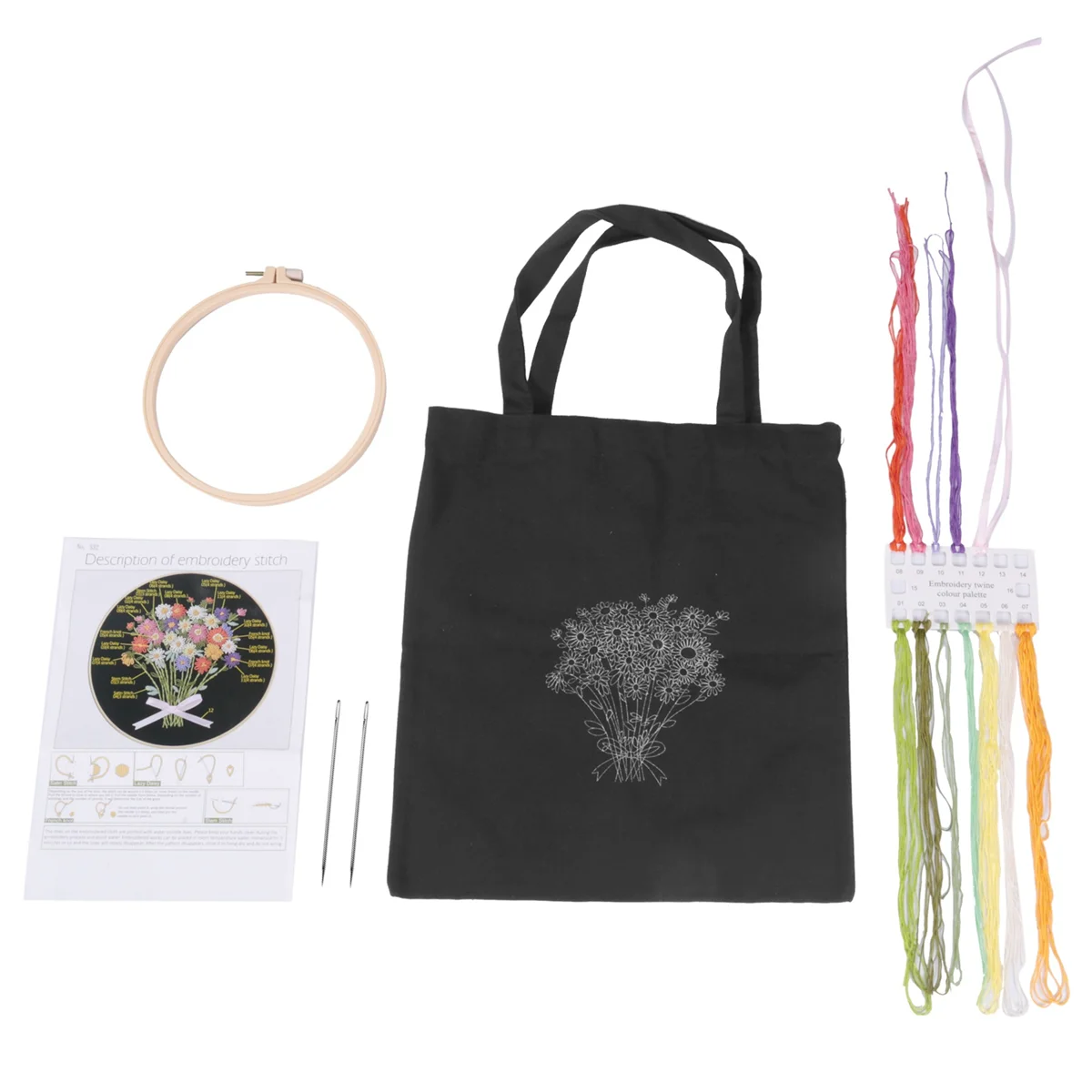 Embroidery Starter Kit for Beginners with 1 Canvas Tote Bag 1 Embroidery Hoop Thread and Needle-A