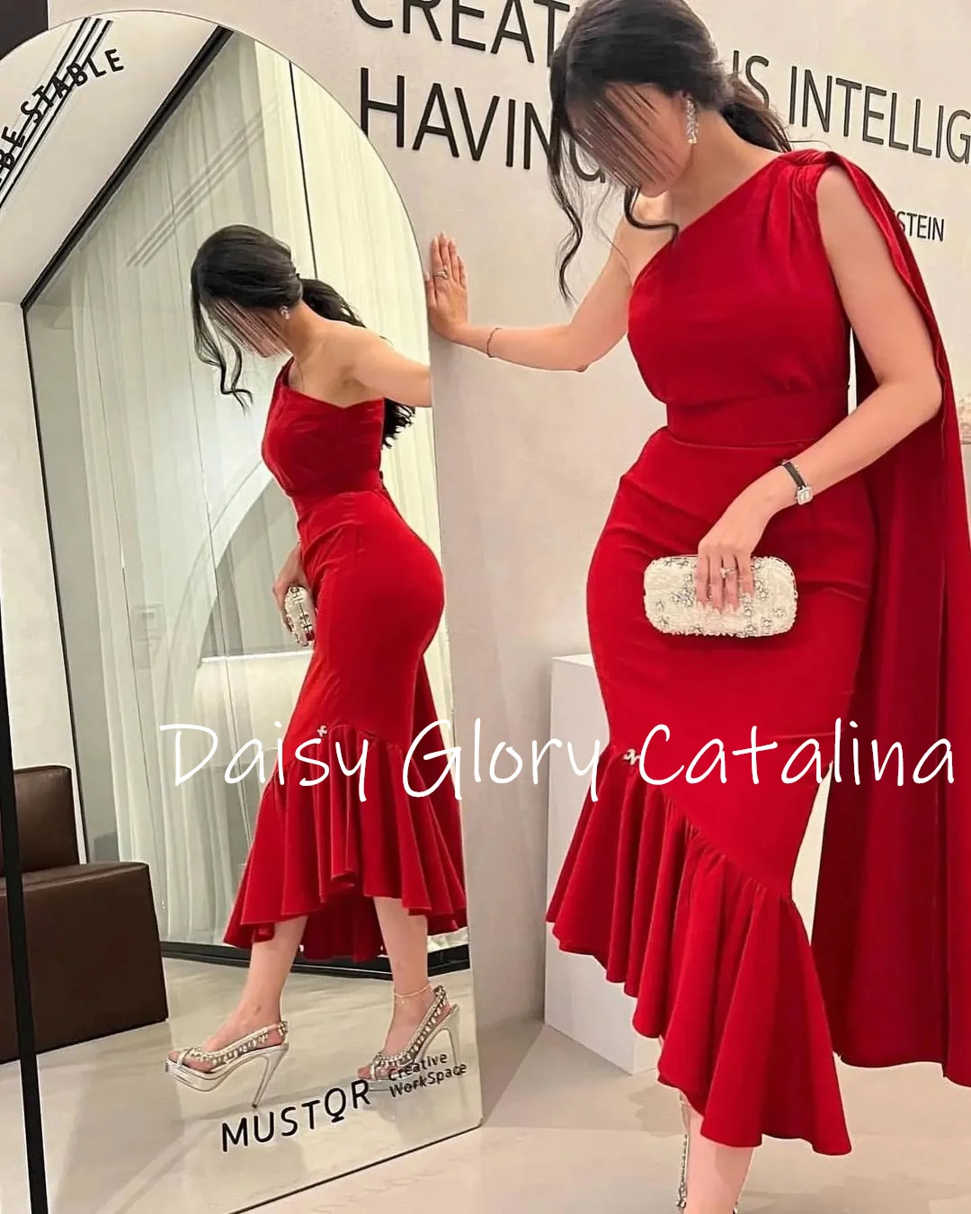 

One Shoulder Red Mermaid Evening Dresses Prom Dresses Tea Length Saudi Arabia Women's Formal Dress Wedding Party Dress 2024