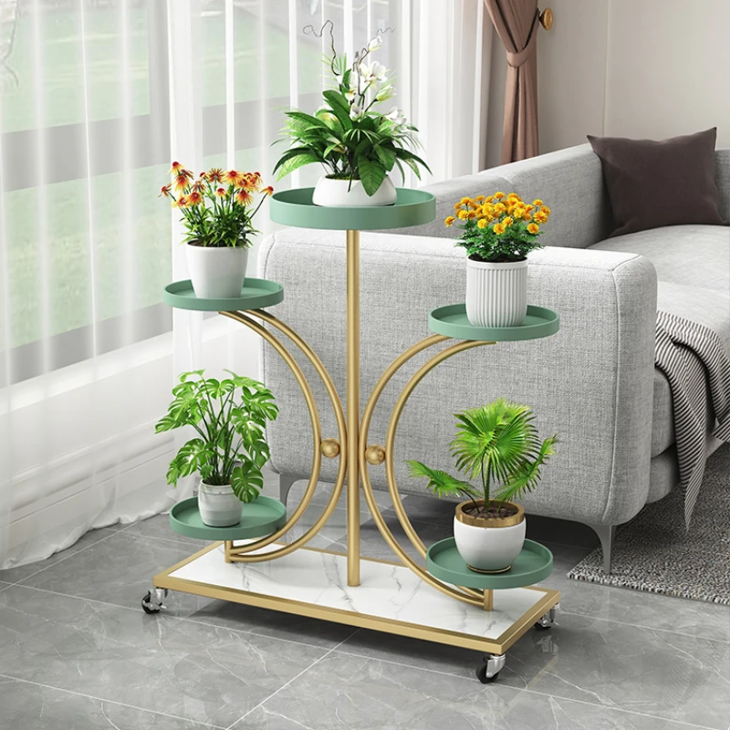 

High end and luxurious iron art flower racks, indoor living room, movable green plant flower racks, balcony, green Luo high aest