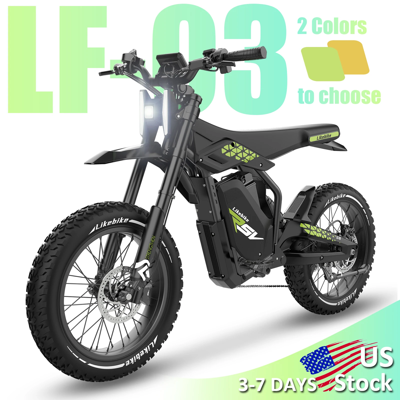 

LF-03 Electric Dirt Bike 2000W Peak 34MPH Max Speed 48V23A Battery Anti-theft Lockable 50Miles Max Range 20'' Tubeless Tires 35° Hill Grade Adjustable Full Suspension System Dual Hydraulic Disc Brakes IPX6 Waterproof Ebike for Teens Adults US Stock Direct