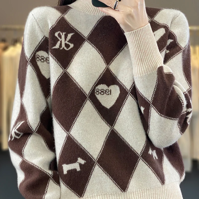 Autumn and winter new pure wool cashmere sweater women's jacquard pullover semi-turtle neck loose plus size padded top shirt