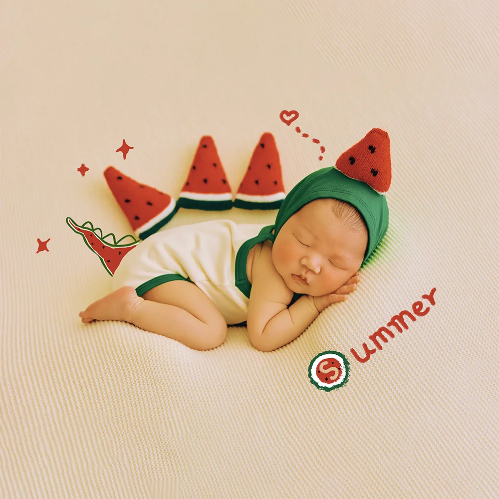 Newborn Photography Clothes Baby Jumpsuit Hat Set Watermelon Decorate Props Studio Baby Summer Watermelon Photo Theme Accessory